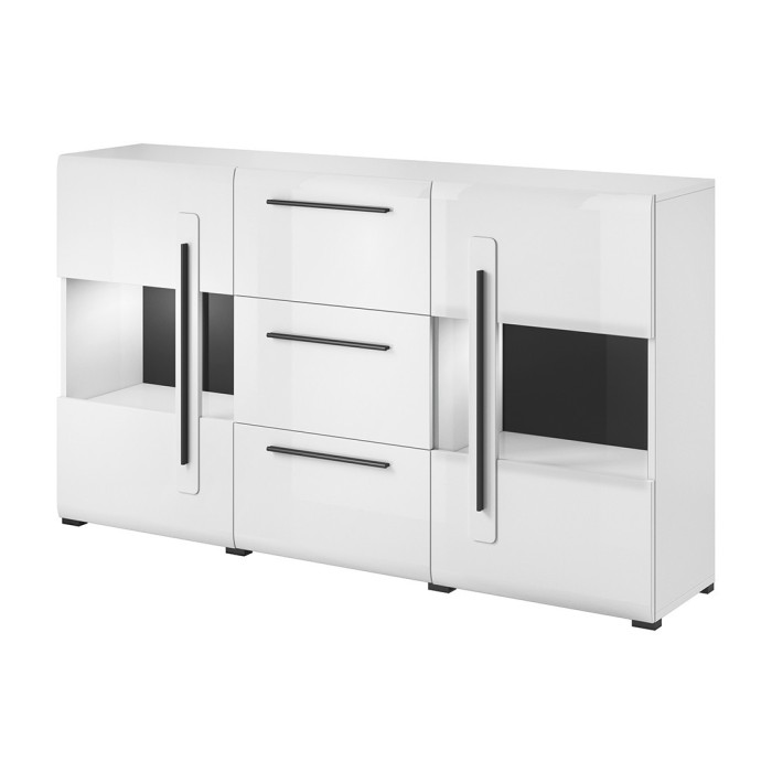 Buffet 180cm collection BREDA deux portes partiellement vitrées et trois tiroirs. Coloris blanc.