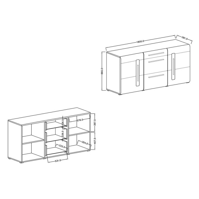 Buffet design 180cm. Collection BREDA deux portes et trois tiroirs. Coloris chêne.