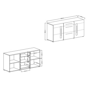 Buffet design 180cm. Collection BREDA deux portes et trois tiroirs. Coloris chêne.