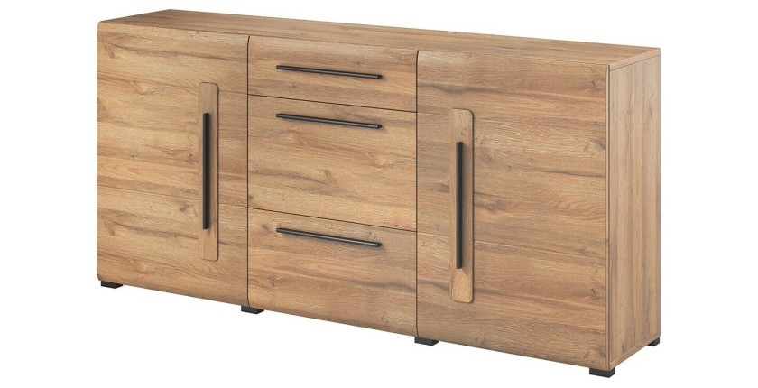 Buffet 180cm collection BREDA deux portes partiellement vitrées et trois tiroirs. Coloris Chêne