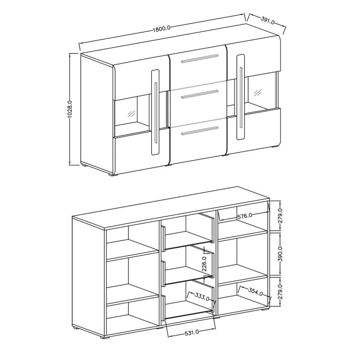 Buffet 180cm collection BREDA deux portes partiellement vitrées et trois tiroirs. Coloris Chêne