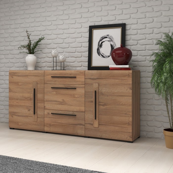 Buffet 180cm collection BREDA deux portes partiellement vitrées et trois tiroirs. Coloris Chêne