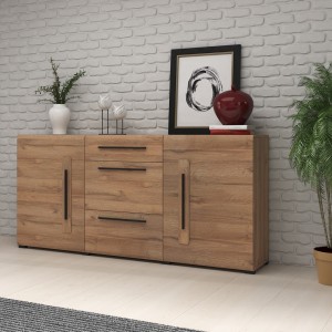 Buffet 180cm collection BREDA deux portes partiellement vitrées et trois tiroirs. Coloris Chêne