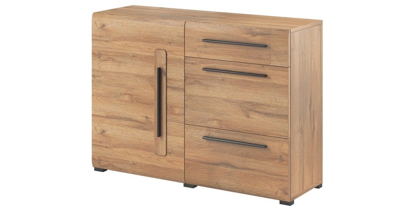 Buffet design 120cm. Collection BREDA une porte et trois tiroirs. Coloris chêne.