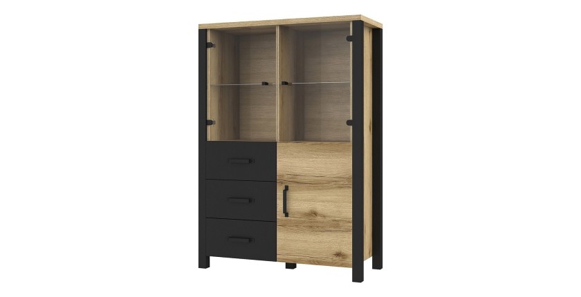 Buffet haut collection DARWIN. Couleur chêne clair et noir. 3 portes et 3 tiroirs.