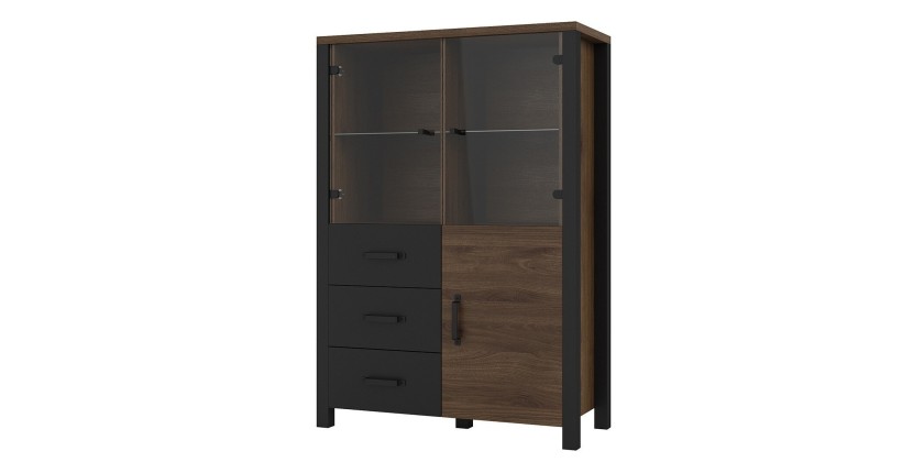 Buffet haut collection DARWIN. Couleur chêne foncé et noir. 3 portes et 3 tiroirs.
