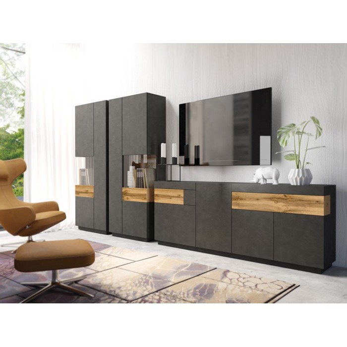 Ensemble de salon vitrine et buffet collection KILES. Coloris gris anthracite et chêne.