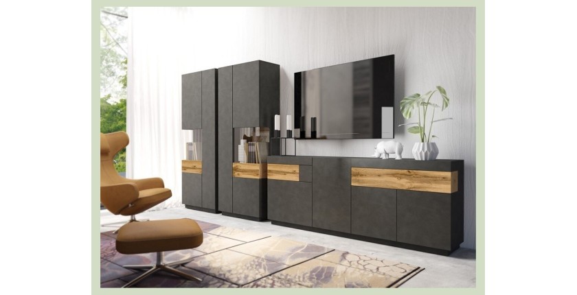Ensemble de salon vitrine et buffet collection KILES. Coloris gris anthracite et chêne.