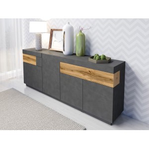 Ensemble de salon vitrine et buffet collection KILES. Coloris gris anthracite et chêne.