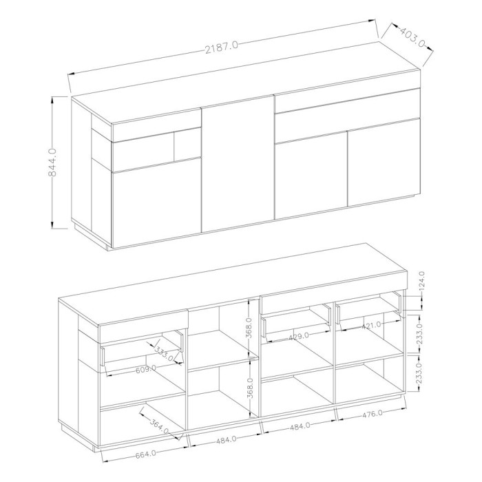 Ensemble de salon vitrine et buffet collection KILES. Coloris gris anthracite et chêne.