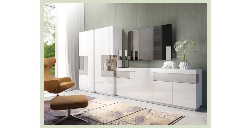Ensemble de salon vitrine et buffet collection KILES. Coloris blanc et gris.