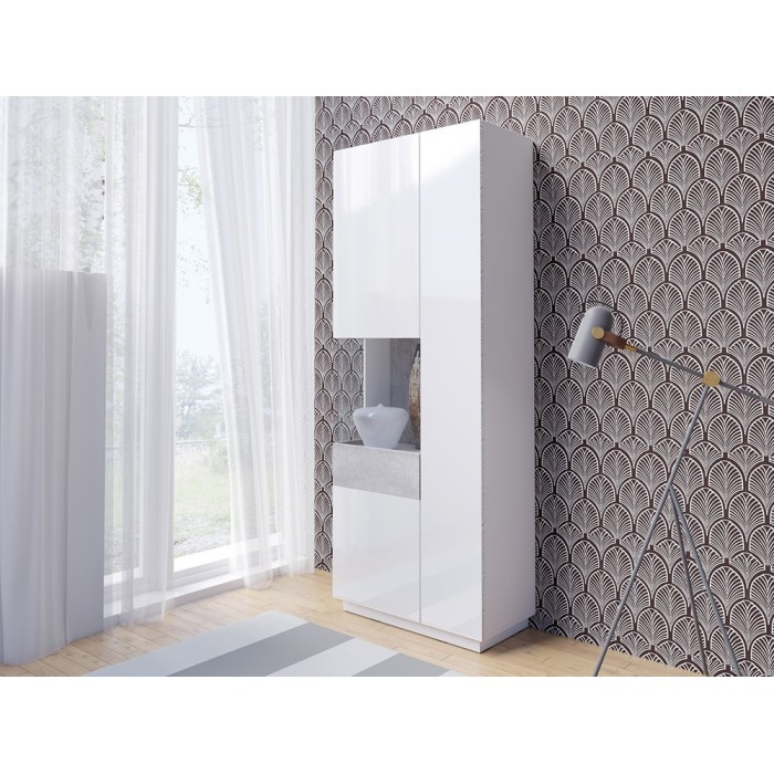 Ensemble de salon vitrine et buffet collection KILES. Coloris blanc et gris.