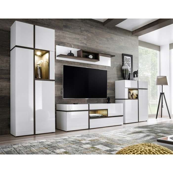 Ensemble 4 meubles de salon collection CRISS avec LEDS intégrés. Couleur blanche et finitions chêne.