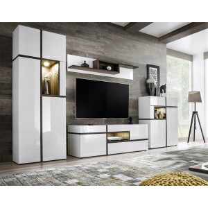 Ensemble 4 meubles de salon collection CRISS avec LEDS intégrés. Couleur blanche et finitions chêne.