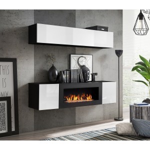 Meubles suspendus avec cheminée décorative collection FLY N1. Coloris noir et blanc