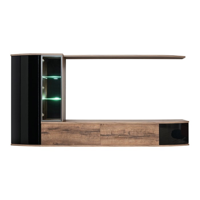 Ensemble pour salon STARK. Composition TV murale coloris chêne et noir. LED incluses.