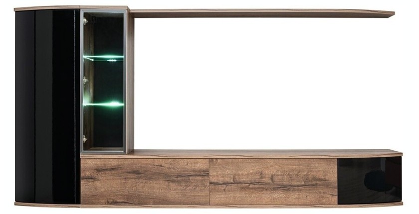 Ensemble pour salon STARK. Composition TV murale coloris chêne et noir. LED incluses.