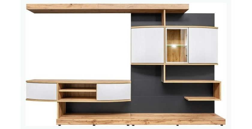 Ensemble pour salon FLYNN. Composition TV murale coloris chêne et blanc. LED incluses.