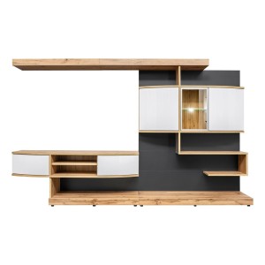 Ensemble pour salon FLYNN. Composition TV murale coloris chêne et blanc. LED incluses.