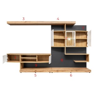 Ensemble pour salon FLYNN. Composition TV murale coloris chêne et blanc. LED incluses.