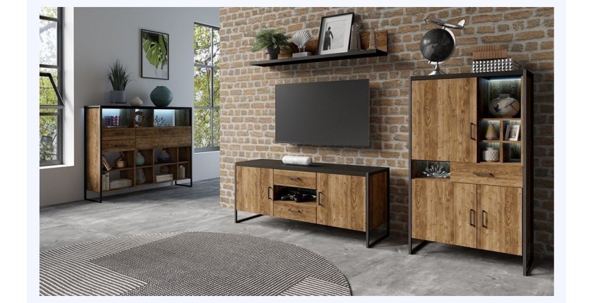 Ensemble de 4 meubles de salon style industriel collection ANAFI. Coloris épicéa et noir.