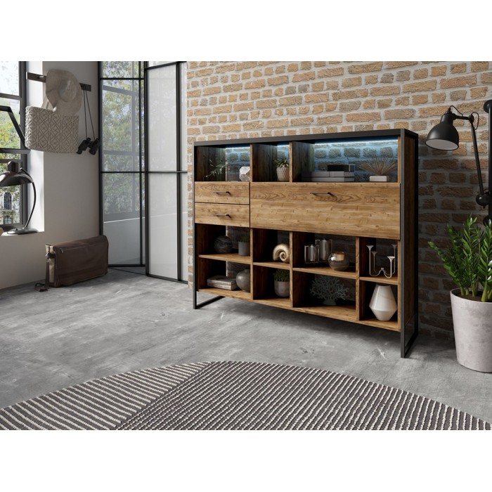 Ensemble de 4 meubles de salon style industriel collection ANAFI. Coloris épicéa et noir.