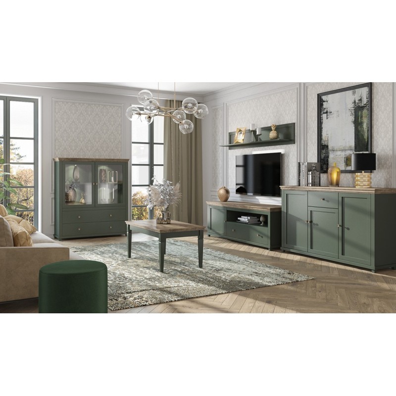 Ensemble de 5 meubles pour votre salon coloris vert et chêne. Collection ASSIA