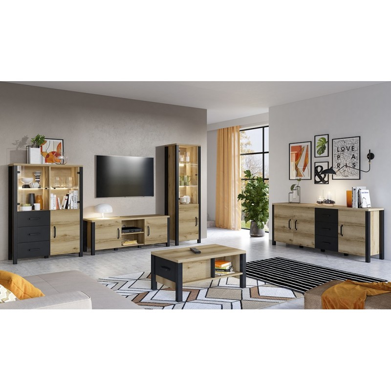 Ensemble de 5 meubles de salon collection DARWIN. Couleur chêne clair et noir.