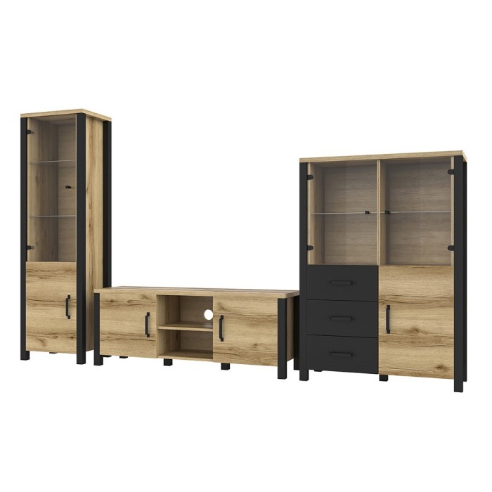 Ensemble de 3 meubles de salon collection DARWIN. Couleur chêne clair et noir.