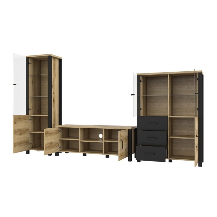 Ensemble de 3 meubles de salon collection DARWIN. Couleur chêne clair et noir.