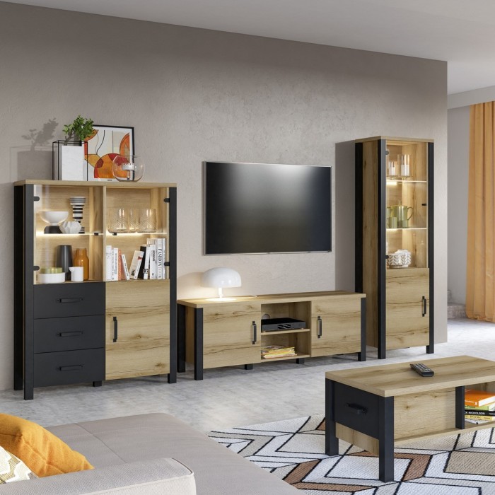 Ensemble de 3 meubles de salon collection DARWIN. Couleur chêne clair et noir.