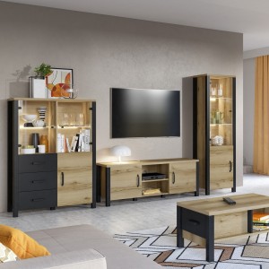 Ensemble de 3 meubles de salon collection DARWIN. Couleur chêne clair et noir.