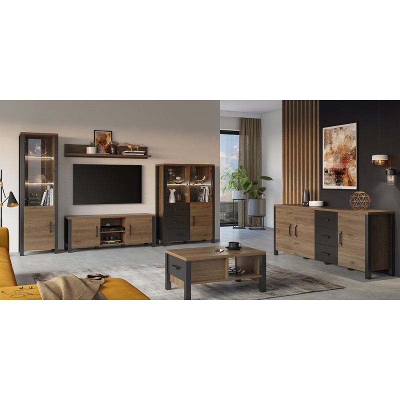 Ensemble de 6 meubles de salon collection DARWIN. Couleur chêne foncé et noir.