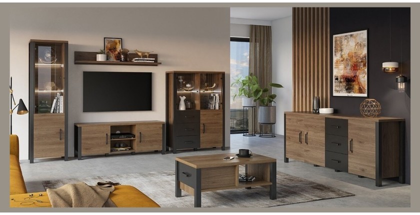 Ensemble de 6 meubles de salon collection DARWIN. Couleur chêne foncé et noir.