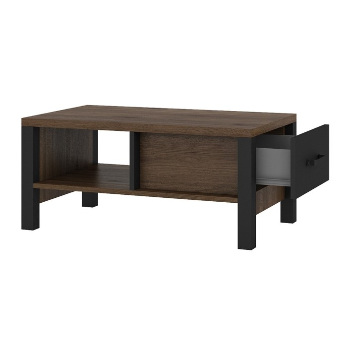 Ensemble de 6 meubles de salon collection DARWIN. Couleur chêne foncé et noir.