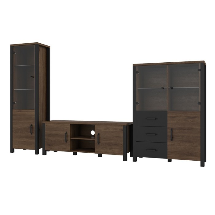 Ensemble de 3 meubles de salon collection DARWIN. Couleur chêne foncé et noir.