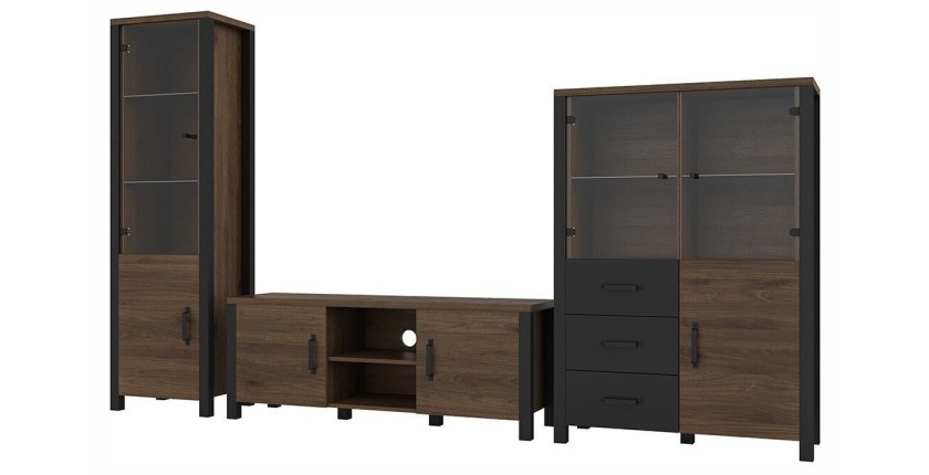 Ensemble de 3 meubles de salon collection DARWIN. Couleur chêne foncé et noir.