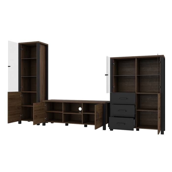 Ensemble de 3 meubles de salon collection DARWIN. Couleur chêne foncé et noir.