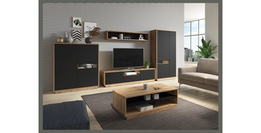 Ensemble de 5 meubles de salon collection VILLA. Couleur chêne et noir mat.