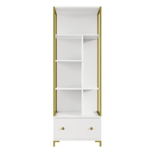 Bibliothèque design avec nombreux rangements coloris blanc et doré collection DOUGLAS.