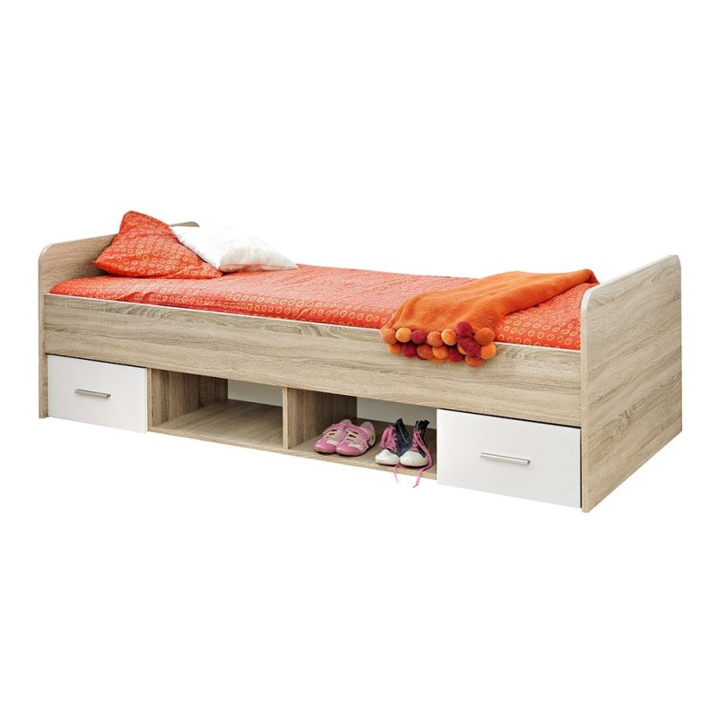 Lit enfant 90x200 collection DENVER. coloris chêne et blanc. Tiroirs inclus