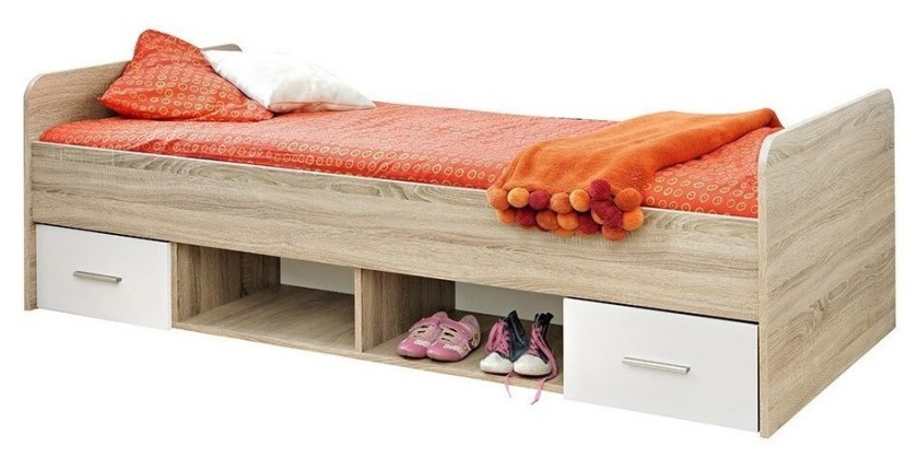 Lit enfant 90x200 collection DENVER. coloris chêne et blanc. Tiroirs inclus