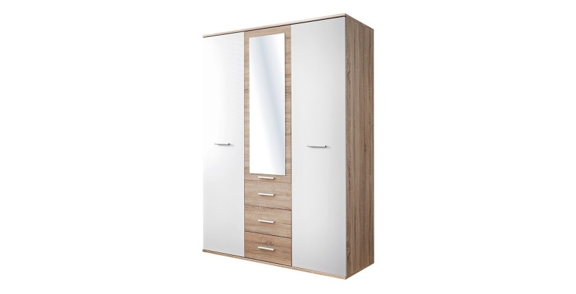 Armoire chambre d'enfant design coloris chêne et blanc avec 3 portes battantes et 3 tiroirs collection DENVER.