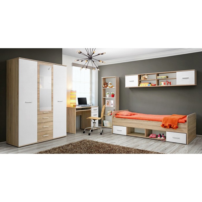 Armoire chambre d'enfant design coloris chêne et blanc avec 3 portes battantes et 3 tiroirs collection DENVER.