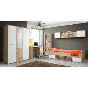 Armoire chambre d'enfant design coloris chêne et blanc avec 3 portes battantes et 3 tiroirs collection DENVER.