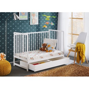 Lit bébé évolutif avec tiroir et matelas collection LUTIN réglable en hauteur. Coloris blanc mat.