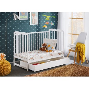 Lit bébé évolutif avec tiroir et matelas collection NOE réglable en hauteur. Coloris blanc mat.