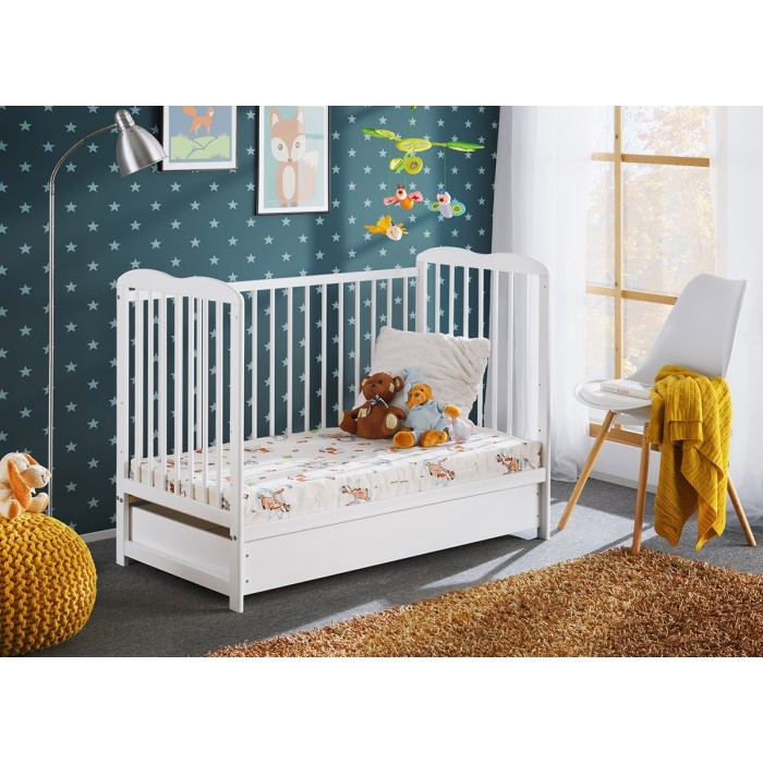 Lit bébé évolutif avec tiroir et matelas collection NOE réglable en hauteur. Coloris blanc mat.