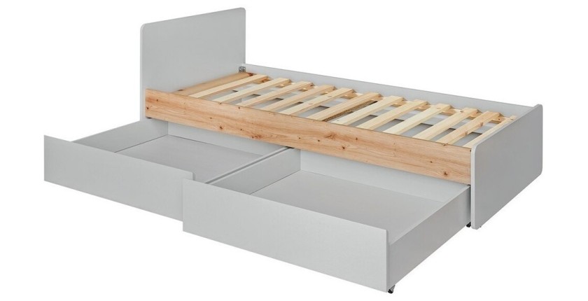Lit enfant 90x200 collection BIBOU. coloris gris et chêne. Tiroirs inclus