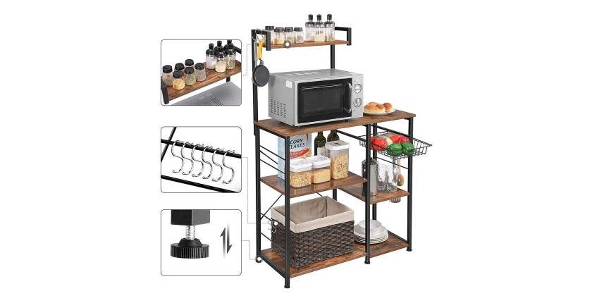 Desserte XL de cuisine style industriel collection TAMPA structure en métal noir et plateaux en bois.